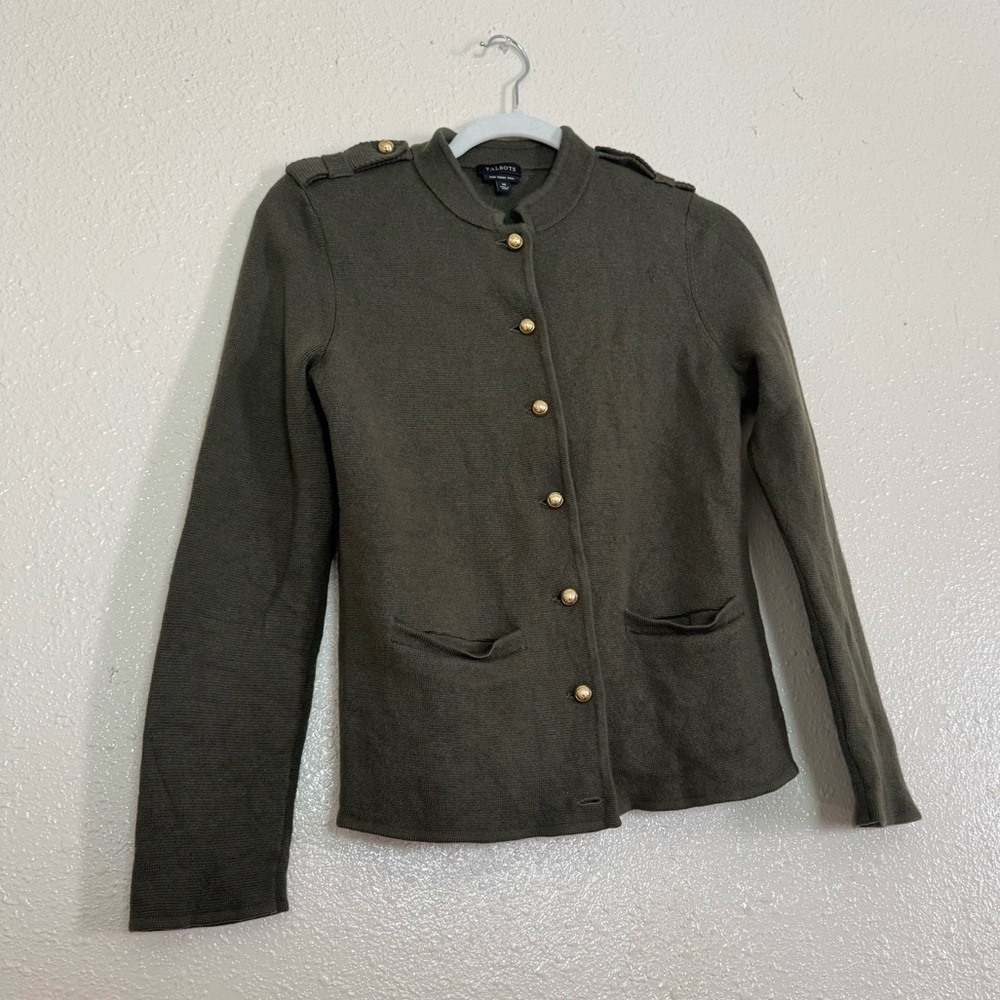 Talbots Green Military Style 100% Merino Wool Cardigan Jacket - Picture 6 of 6